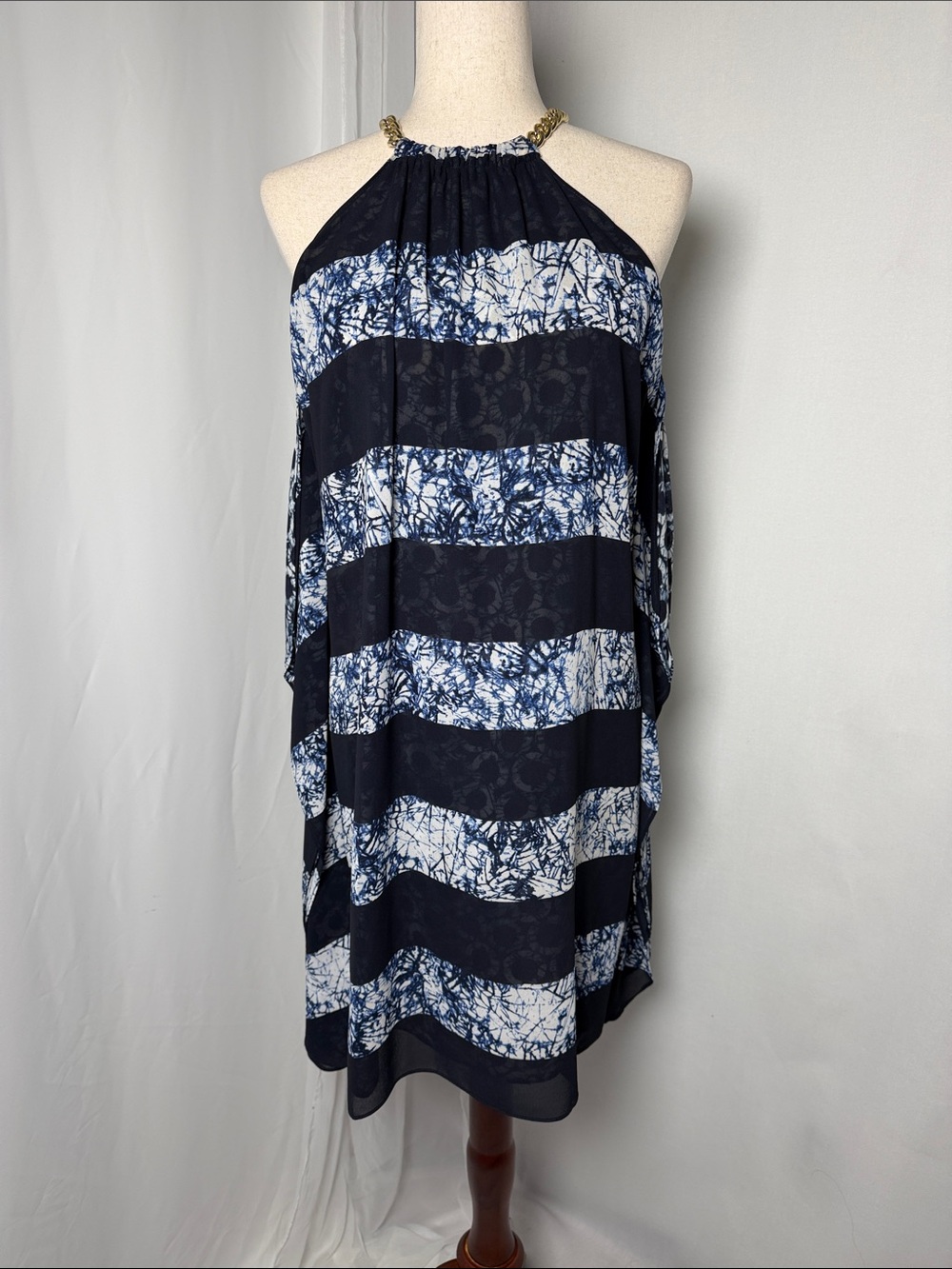MICHAEL Michael Kors Chain Halter Dress Batik Stripe Navy Blue Size M